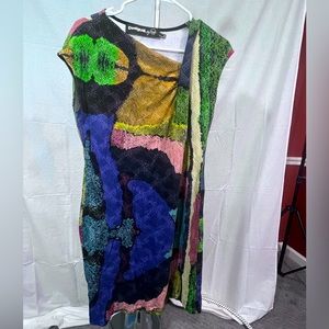 Desigual Knit Wiggle Dress Abstract Art Asymmetrical Neckline